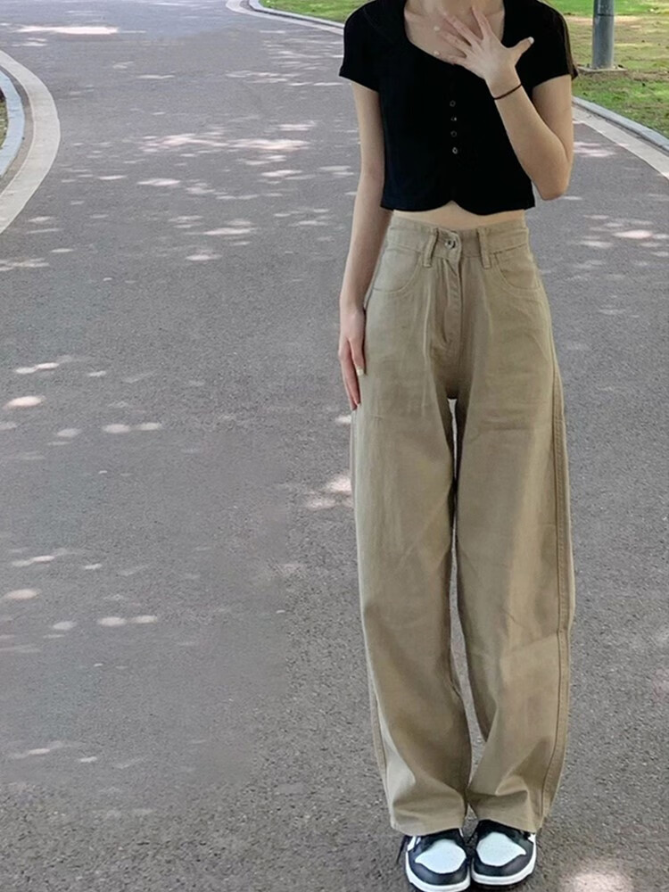木清清微胖穿搭大码卡其色牛仔裤女新款胖mm显瘦胖女孩梨型身材直筒