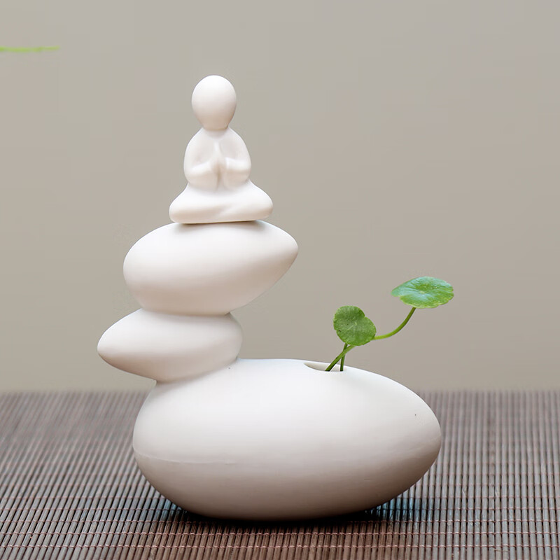 禅意陶瓷无相佛水培花插小生人物佛像小和尚茶宠中式摆件 静坐小僧 诵