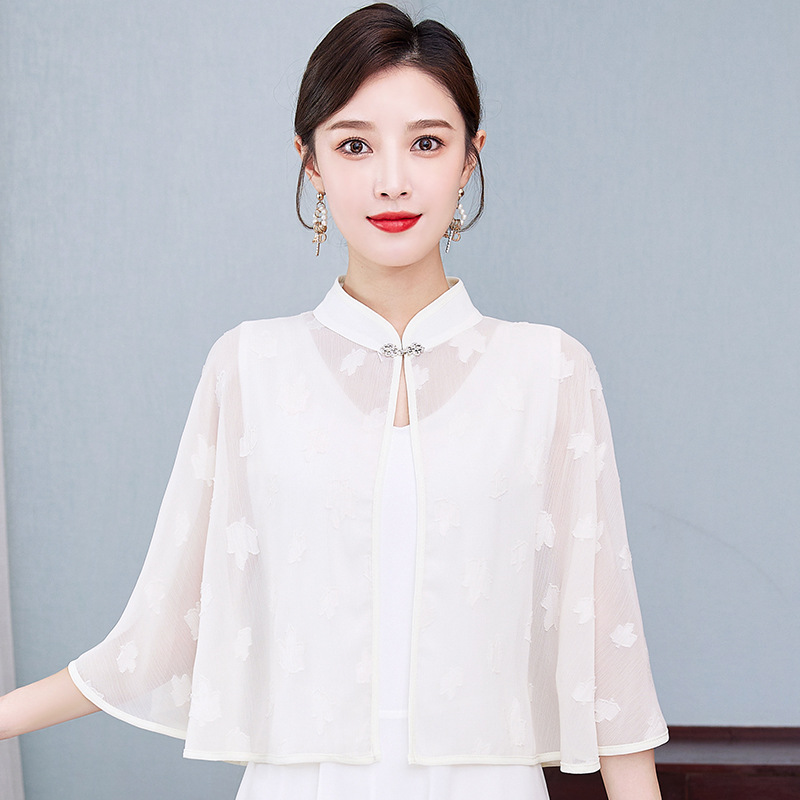 美充充    斗篷披肩外套女夏季配连衣夏季雪纺披肩斗篷 白色(8508长款