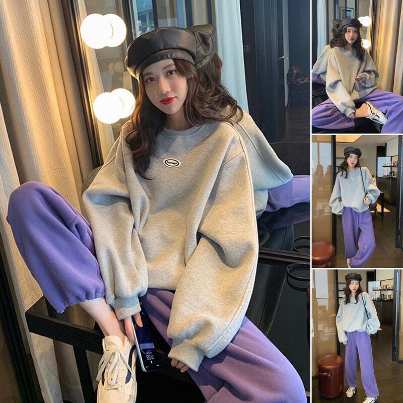 灰色卫衣 紫色裤子 两件套 s