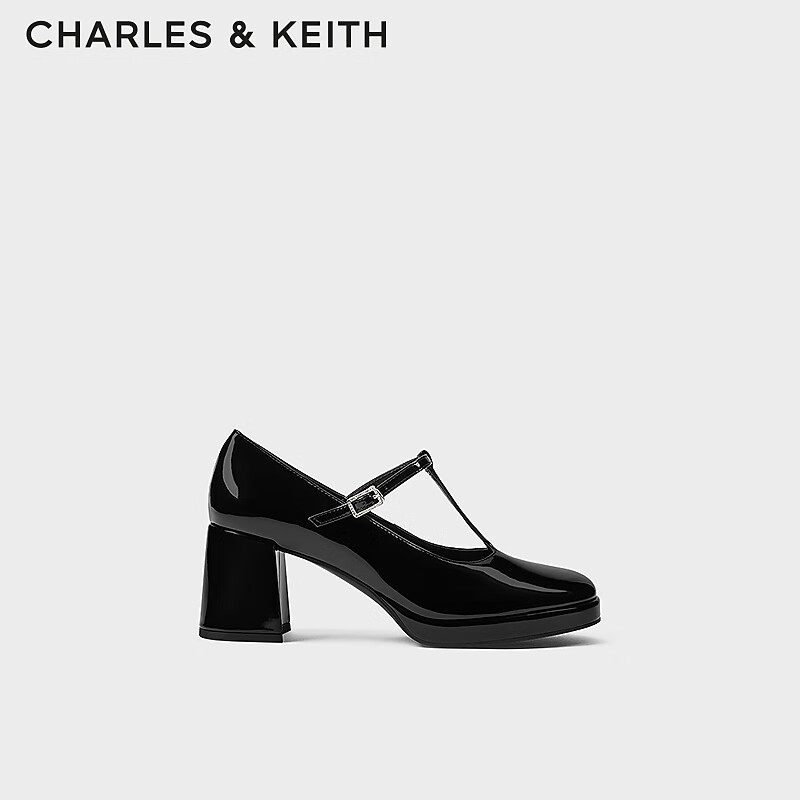 CHARLES&KEITH24春新品复古漆皮玛丽珍鞋粗跟高跟鞋子女鞋CK1-61720183 Black Box黑色 37