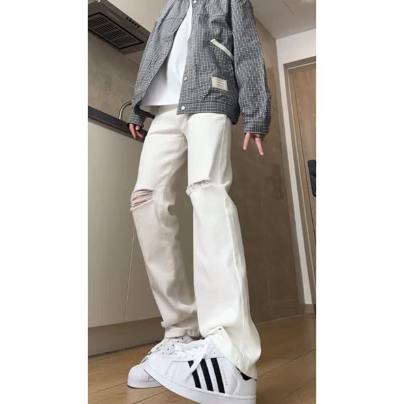 迪伽达黑色破洞微喇牛仔裤男美式潮牌高街vibe痞帅直筒修身显瘦长裤子男 CHFS-C1087黑色【双破洞】 L