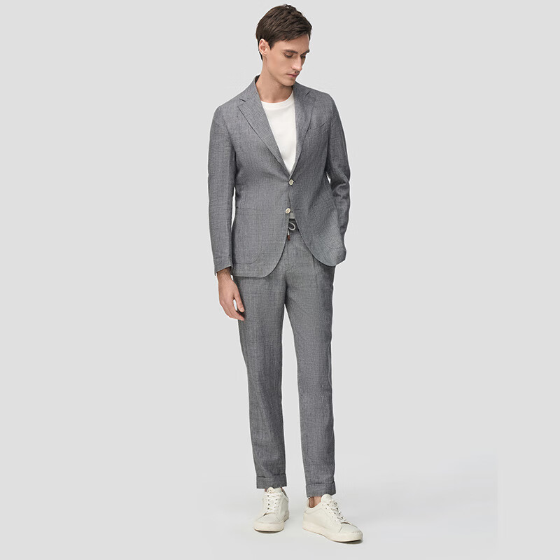 藍(lán)豹（LAMPO）男士西服上衣亞麻正裝西裝外套 黑白千鳥格 46