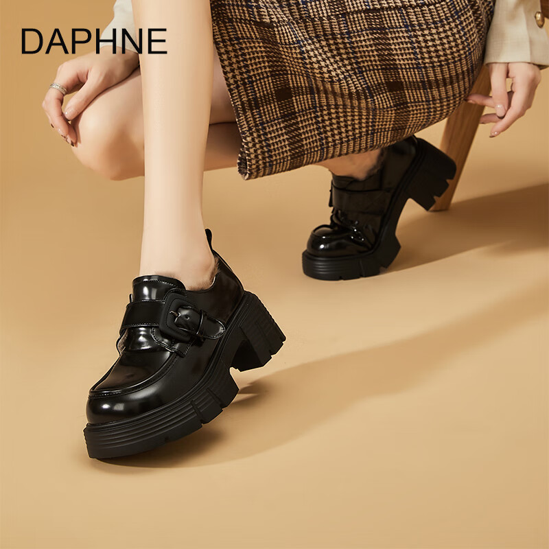 达芙妮加绒乐福鞋厚底百搭2025秋冬新款复古学院jk鞋子女增高黑色小皮鞋 黑色 加绒 38