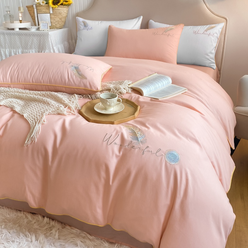 曼克顿60支长绒棉全棉四件套北欧轻奢羽毛刺绣纯棉被套床单床上用品