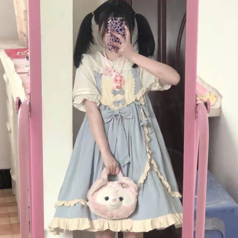 口旋日系甜美lolita裙夏季蝴蝶结背带连衣裙 女学生娃