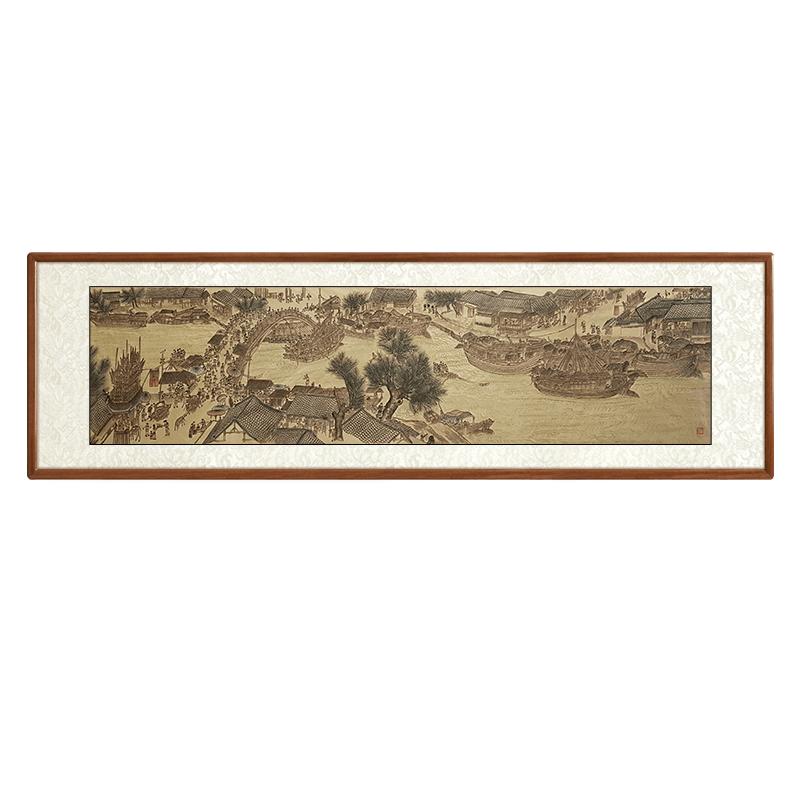 尚得堂名家手繪名畫(huà)仿古畫(huà)清明上河圖客廳裝飾畫(huà)沙發(fā)背景墻掛畫(huà)壁畫(huà) 沙比利實(shí)木框-圓角原木色 裝裱216*66