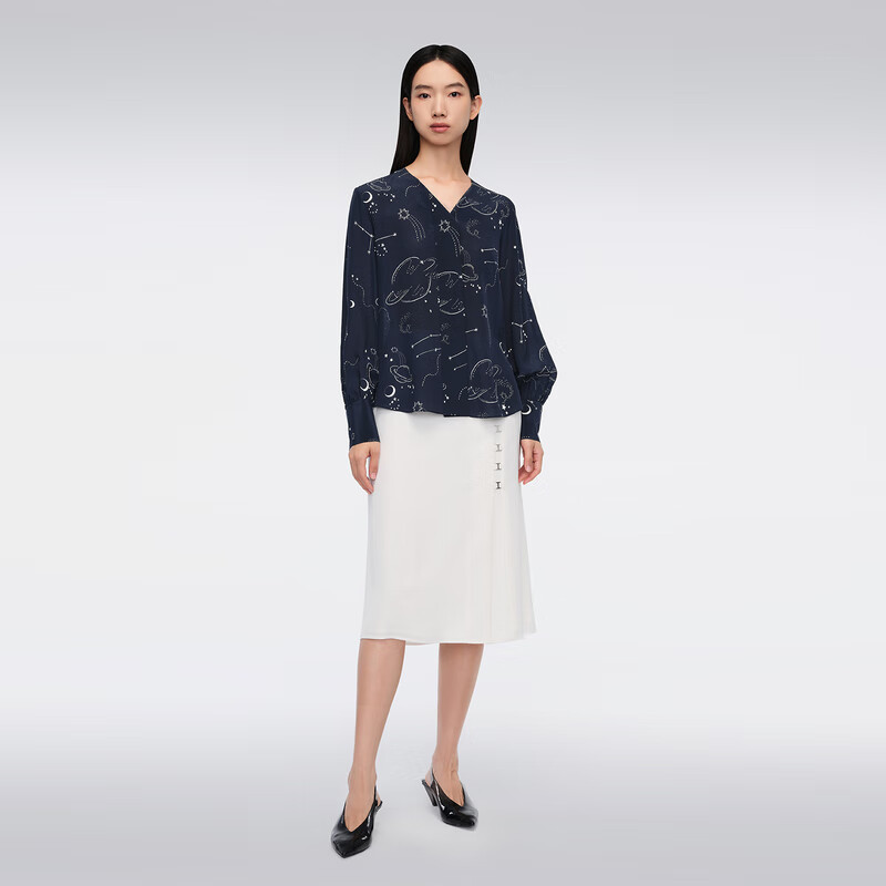OVV【星辰印花】2024春夏新款女装12MM双绉真丝长袖衬衫 藏青花纹11 S