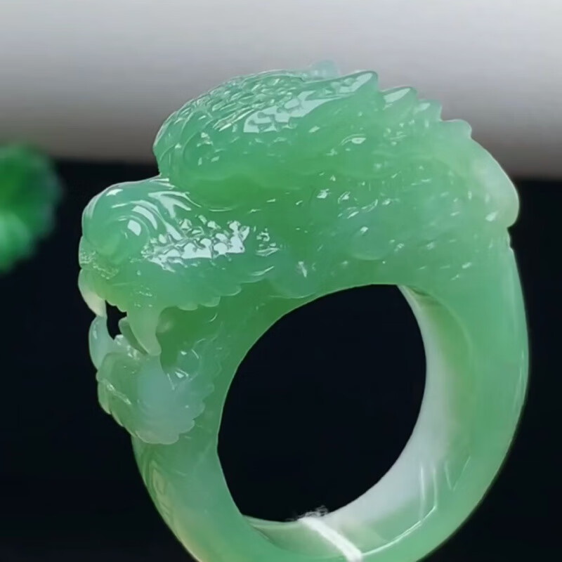 随峰20号翡翠a货龙头扳指缅甸玉石冰飘绿盘龙戒指龙戒圈雕龙指环