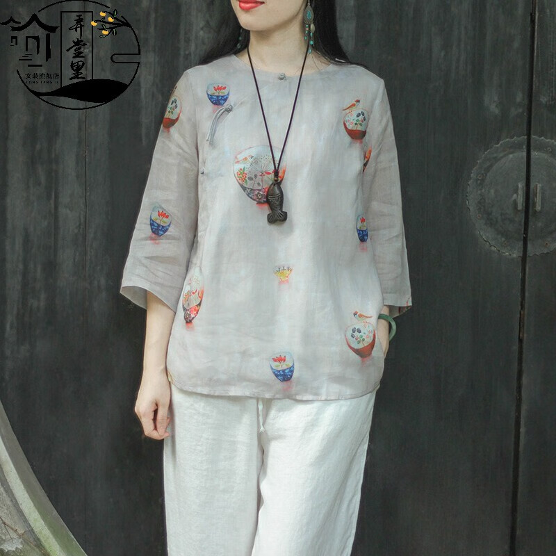 弄堂里高端轻奢 新款苎麻洋气百搭圆领复古上衣女别致盘扣宽松棉麻