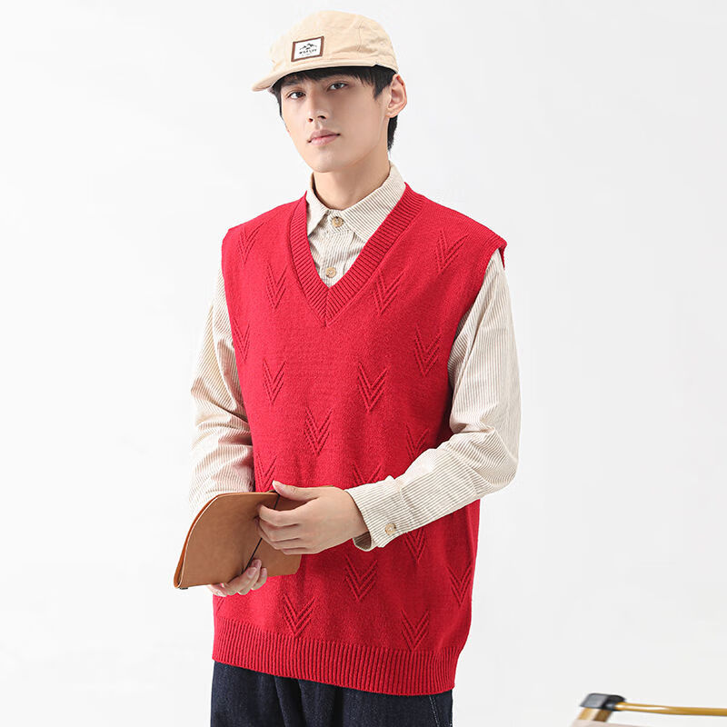 奈代鱼毛衣编织花样手工毛线背心男2024秋冬季日系v领背心毛衣男士