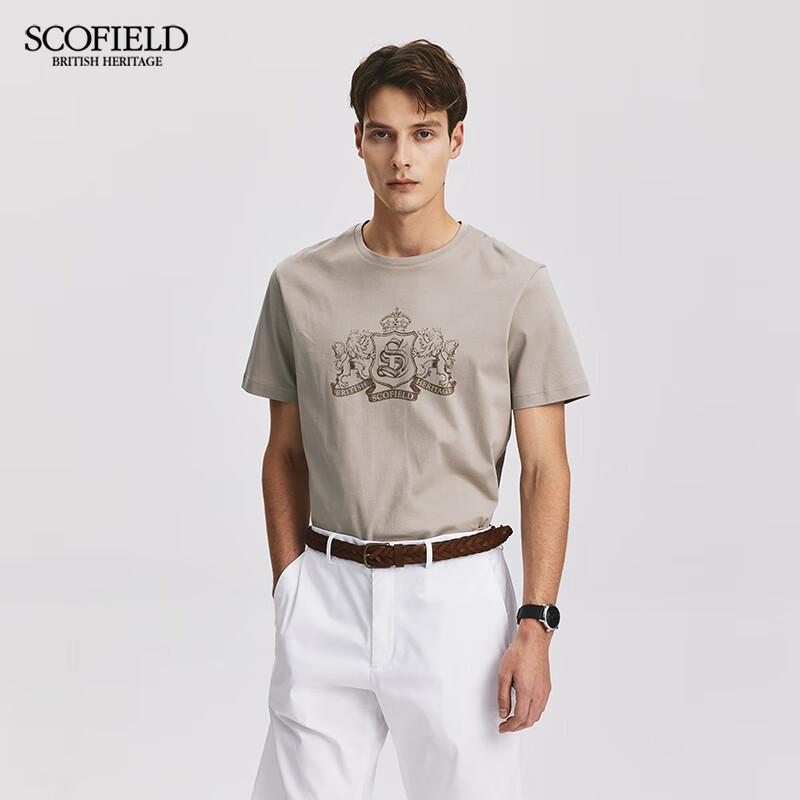 Scofield男士24年夏季新款长绒棉印花圆领舒适短袖全棉休闲T恤 浅灰色 M (170)
