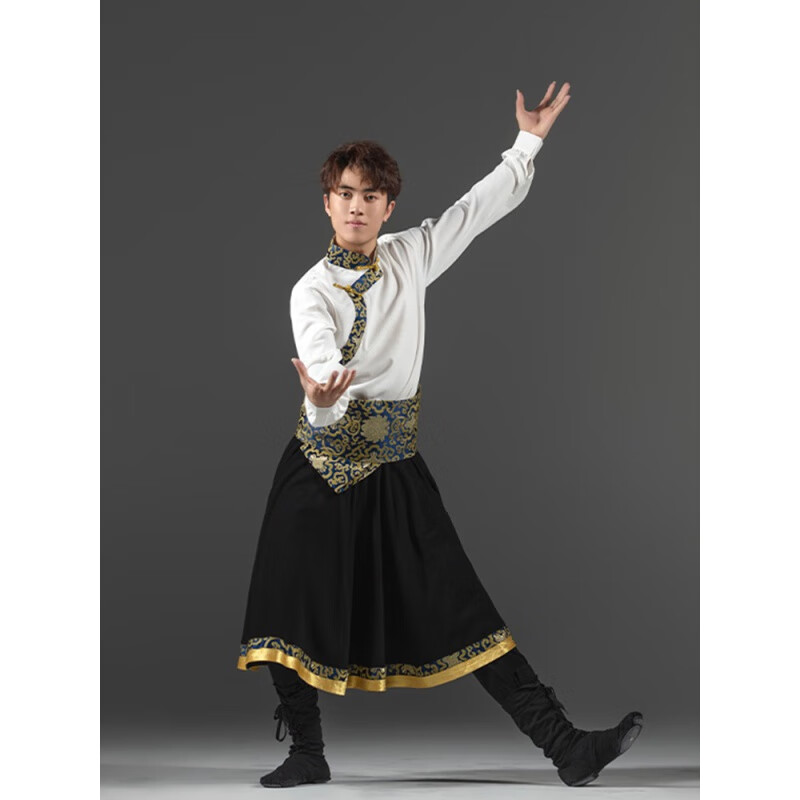 服装新款男士藏袍西藏旅游少数民族风写真 白色上衣 三米腰封 裹裙 l