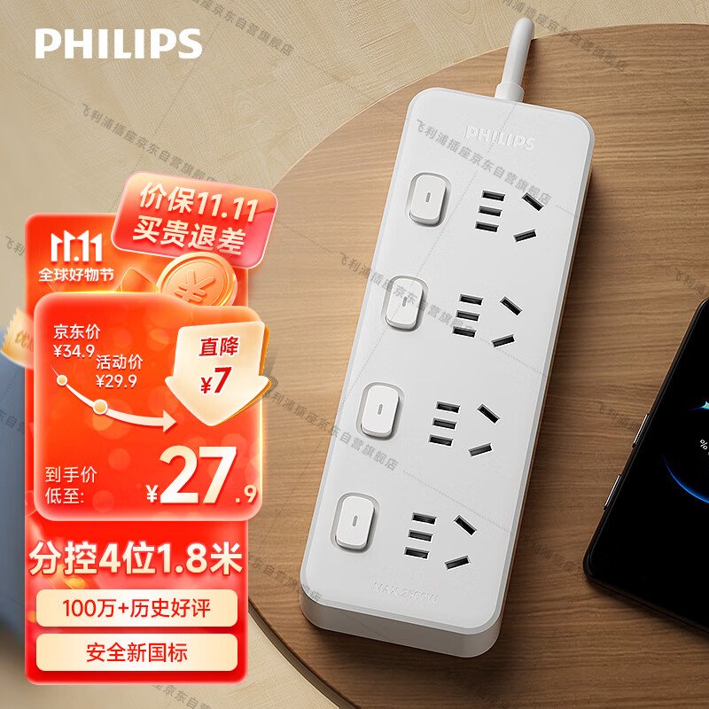 飞利浦（PHILIPS）新国标安全插座 4位分控独立开关1.8米 大孔位间距 插排/插线板/排插/接线板/拖线板属于什么档次？