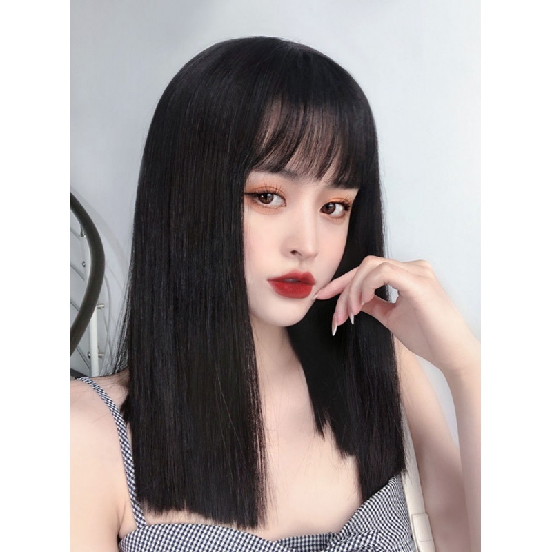 刘海锁骨发一刀切空气刘海中长发网红黑长直头套 【漫画刘海】黑色 配