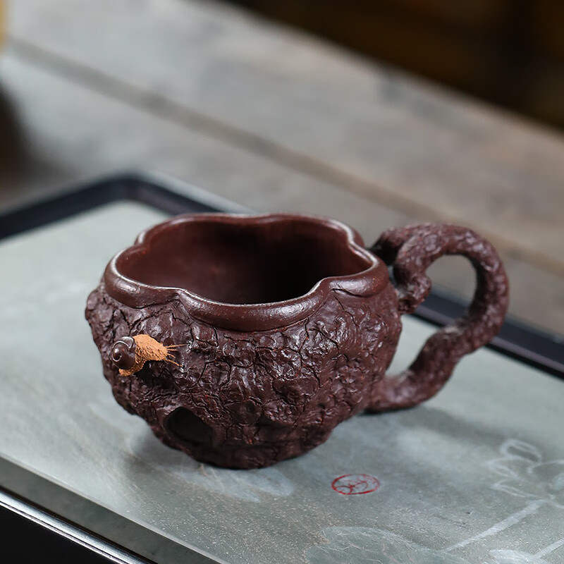 紫砂茶杯手工杯 家用带把主人杯 功夫茶防烫喝茶杯 带把蜗牛供春杯
