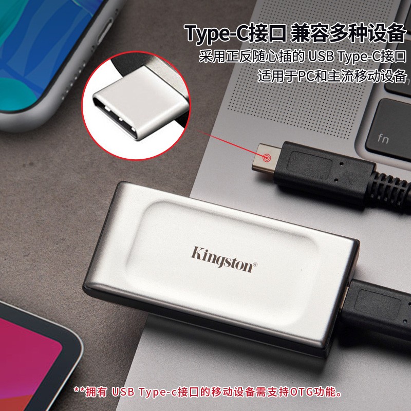 金士顿（Kingston） PSSD移动固态硬盘Type-C外接小巧移动硬盘 小形迷你手机可用USB3.2 SXS2000移动硬盘 500G+Type-C转接头+硅胶套