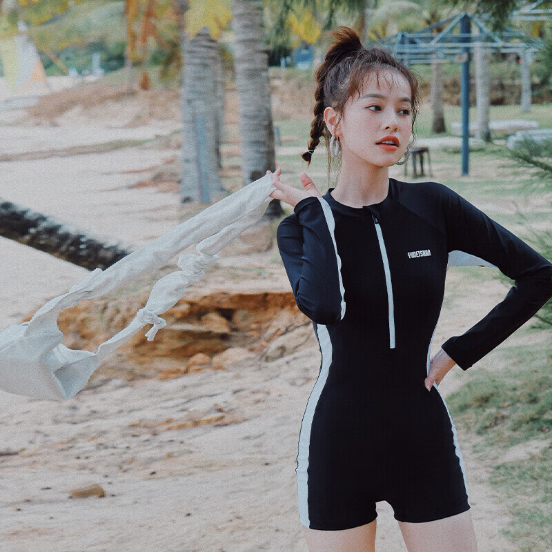 亦美珊泳衣 运动款式游泳衣女夏保守连体平角长袖潜水服沙滩度假时尚