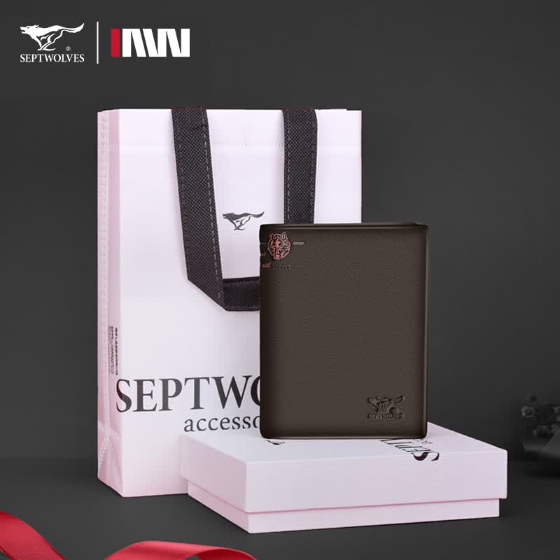 七匹狼（SEPTWOLVES）男士钱包短款真皮商务休闲头层牛皮短款钱夹520情人节礼物送男友 款式三加厚竖款啡色-礼盒装