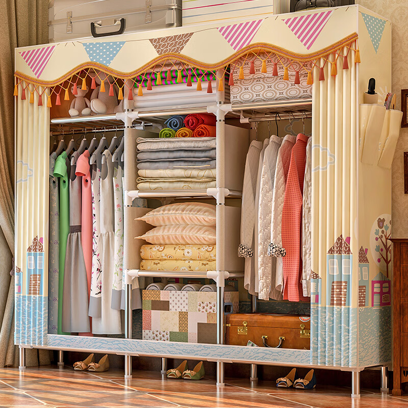 简约布衣柜钢管加粗加固出租房用家用卧室收纳挂柜子 a款 单车恋人