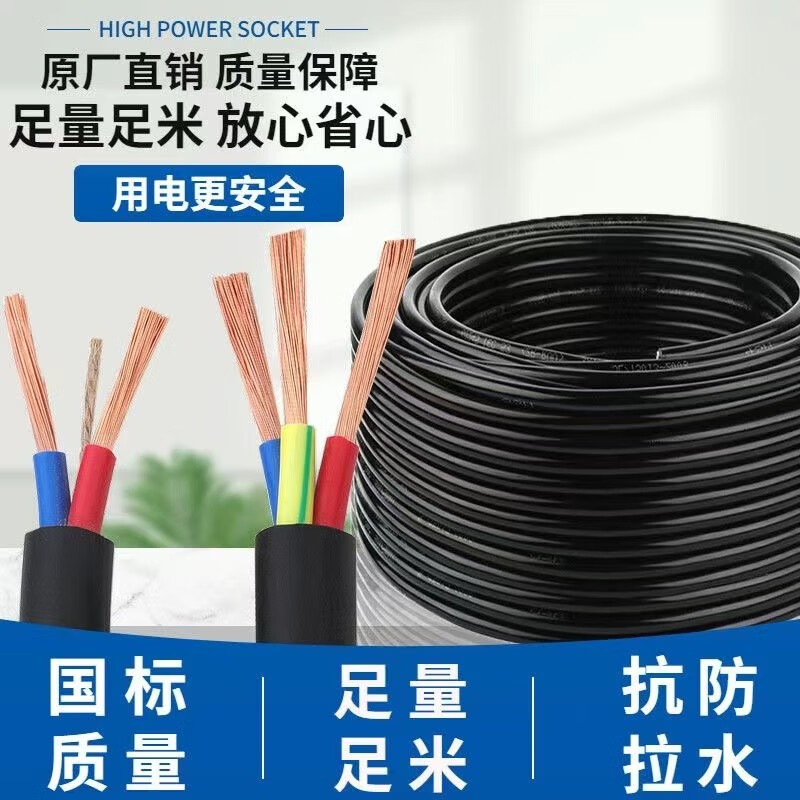 新国标RVV电缆线二芯电源线三芯2芯3芯1 1.5 2.5 4 6平方三相电缆 国标 2芯1平方 100米 1000W