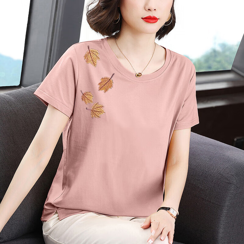 觅靓裳妇女中老年夏天纯棉薄短袖汗衫大码胖妈妈t恤女上衣宽松韩版