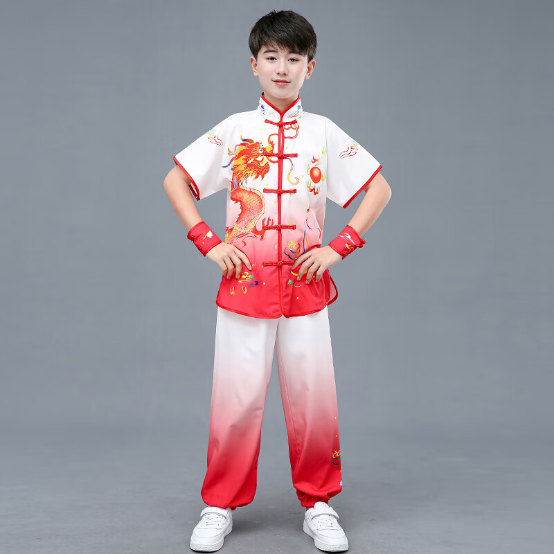 花石猴兒童武術(shù)比賽表演服競(jìng)賽練功服中國(guó)風(fēng)打鼓龍少兒舞臺(tái)訓(xùn)練服裝 紅色短 100cm