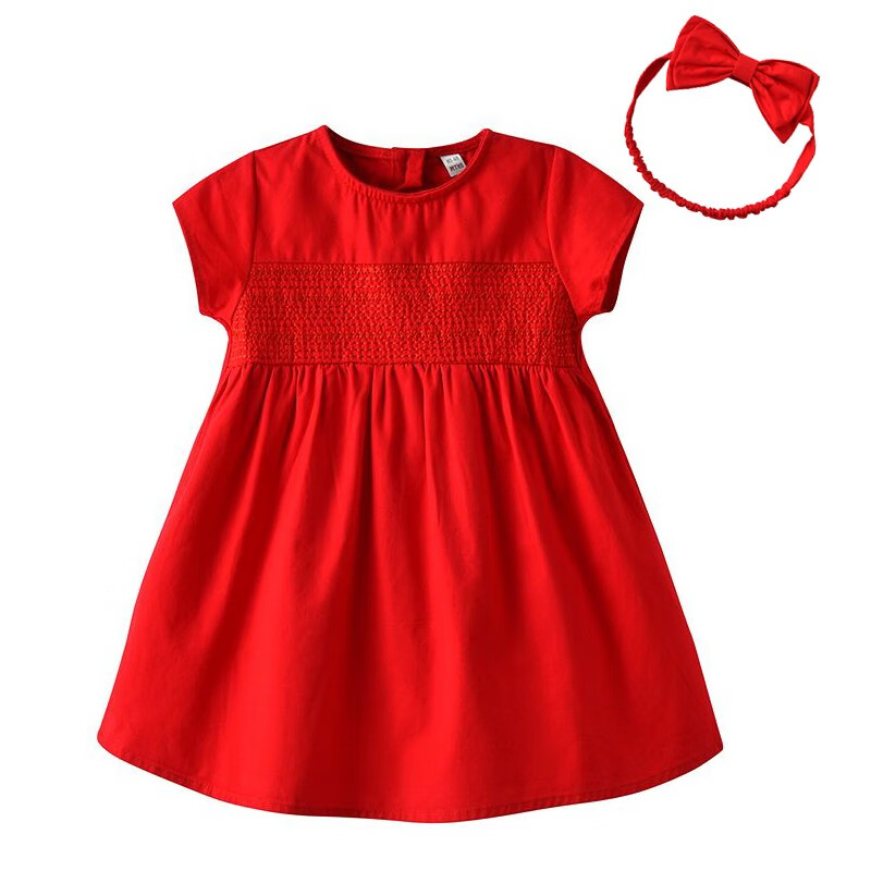auro mesa女童连衣裙大红短袖夏季女宝宝周岁生日抓周裙子发带 66cm/3