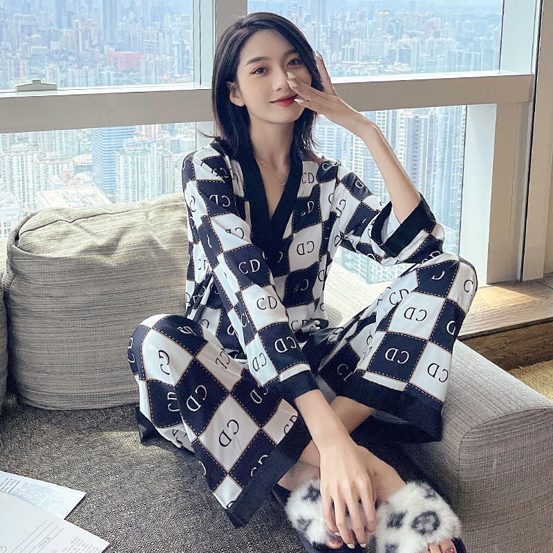 纪郁春夏季睡衣女2022年新款酷奇冰丝薄款感长袖家居服 x-af827黑白 m