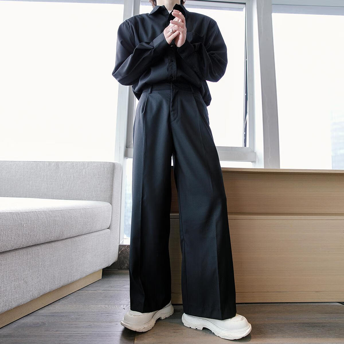 婵栩垂感男裤秋冬天宽松男生阔腿拖地长裤高街风潮牌西裤小众个性西装