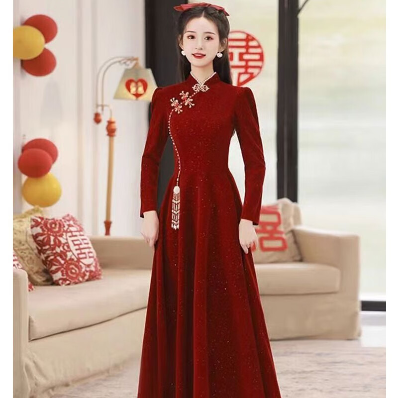 兰卡·罗妮旗袍敬酒服2023新款新娘小个子回门结婚当天便装酒红色订婚礼服女 酒红色长款 (建议106-115斤) l尺码偏小详询客高性价比高么？