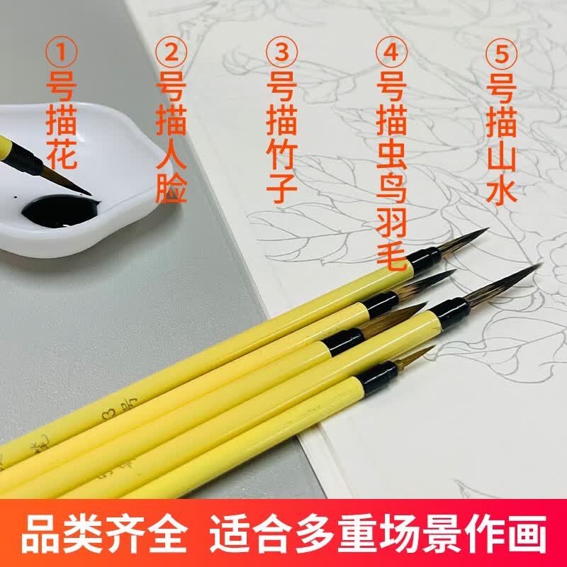 中国画白描描摹本 16开 工笔画白描底稿线描临摹画册 动物人物花卉山水 国画初学者入门套装 勾线笔（5支笔）
