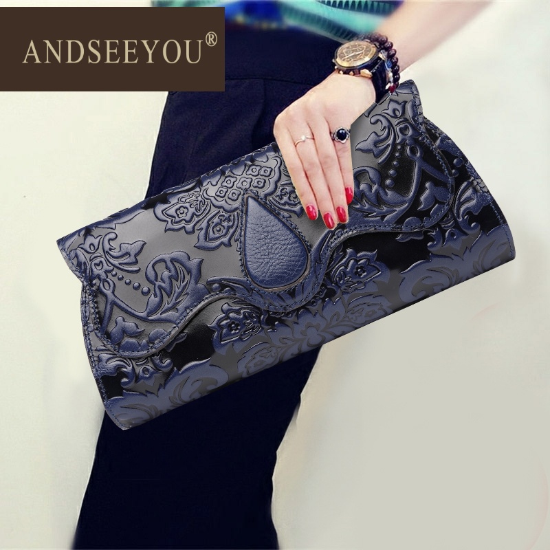 ANDSEEYOU晚宴手包 名媛包晚禮服旗袍包 壓花牛皮女包大容量真皮氣質(zhì)手拿包 寶藍色