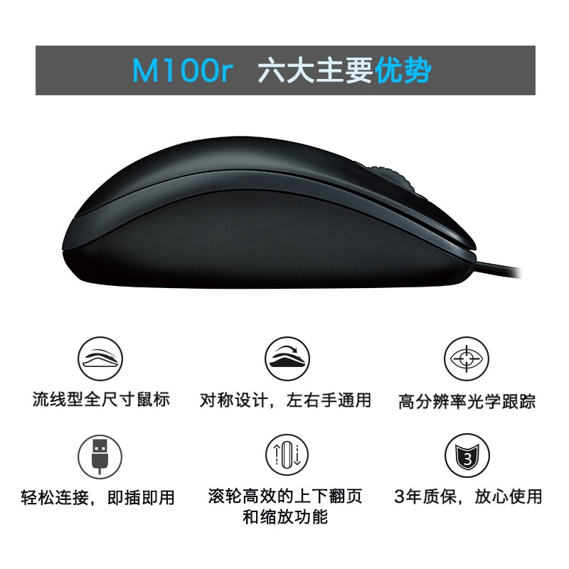 罗技（Logitech）M100r 有线鼠标 大手鼠标 商务办公鼠标 家用对称鼠标 企业采购 黑色