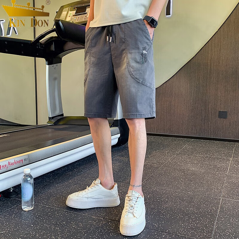 裤子男夏季薄款新款牛仔短裤男潮牌网红修身刺绣五分裤国际品牌 灰色