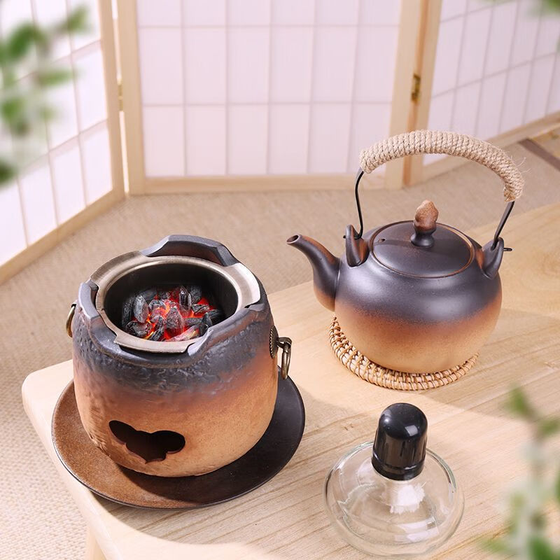 棉小城潮州陶瓷炭炉煮茶器煮碳炉老式酒精炉家用室内户外烧水壶围炉茶具 MXC-622【富贵提梁壶】800ml