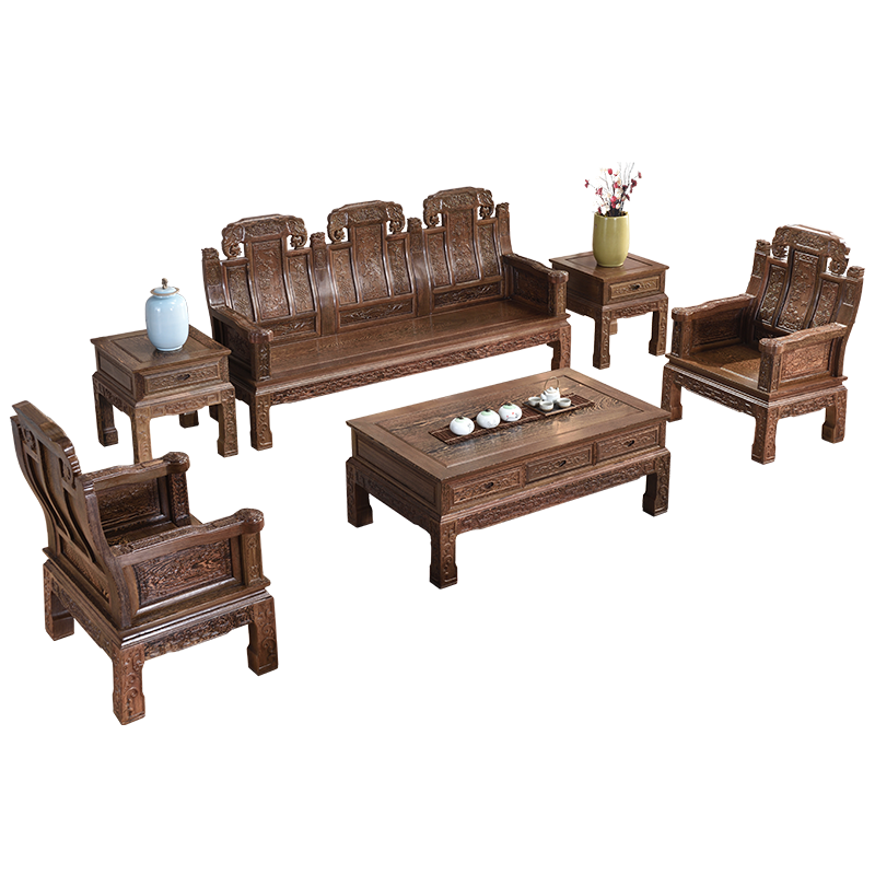 木中央 红木家具 非洲鸡翅木(学名非洲崖豆木)全实木沙发 中式客厅家具 独板如意象头小户型沙发组合 单个角几