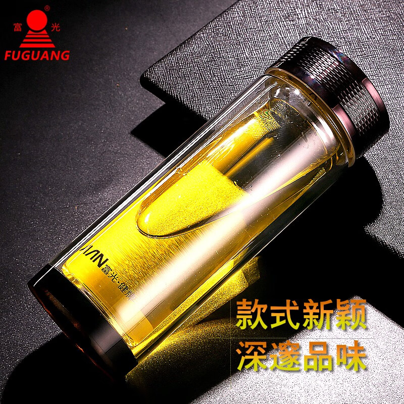 富光健牌双层水晶玻璃杯圆形直身带盖创意便携过滤男女泡茶杯子 320ml