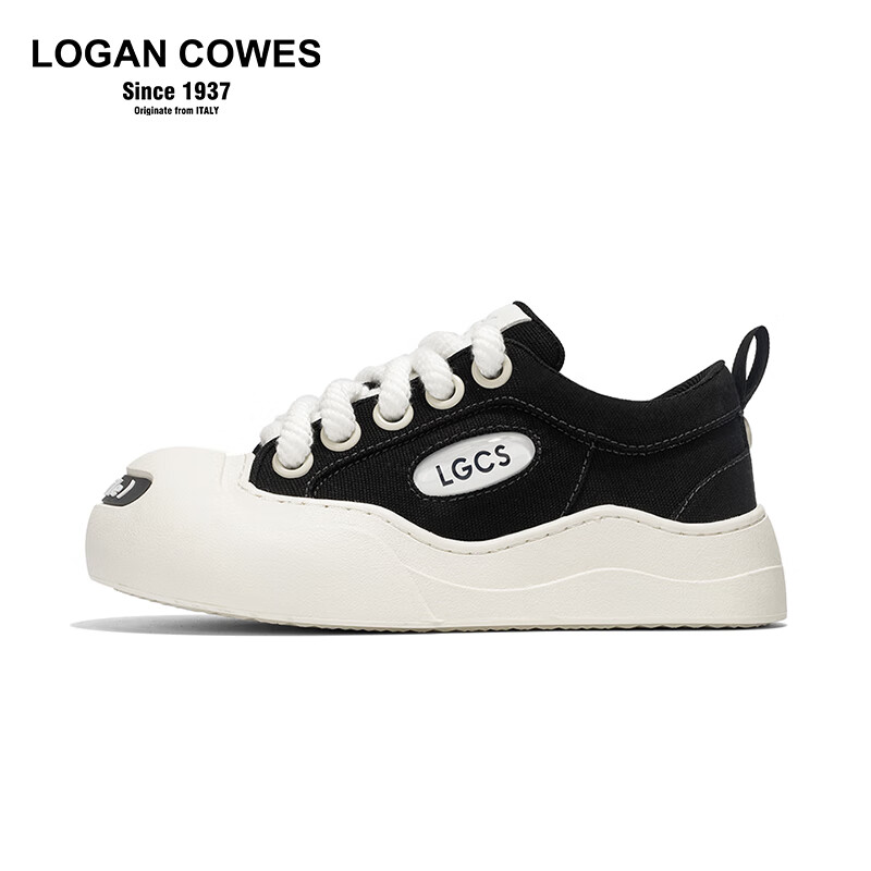 LOGAN COWES开口笑帆布鞋 增高厚底丑萌黑白圆头板鞋大头鞋 男女同款 黑色（女款） 37