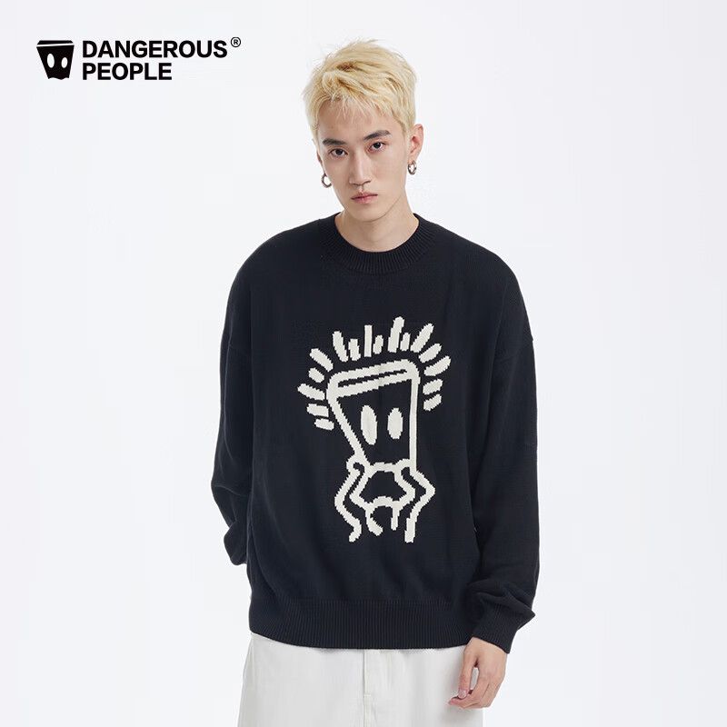Dangerous people薛之谦dsp新年礼遇季托头纸袋人套头毛衣宽松慵懒情侣针织衫 黑色 XL