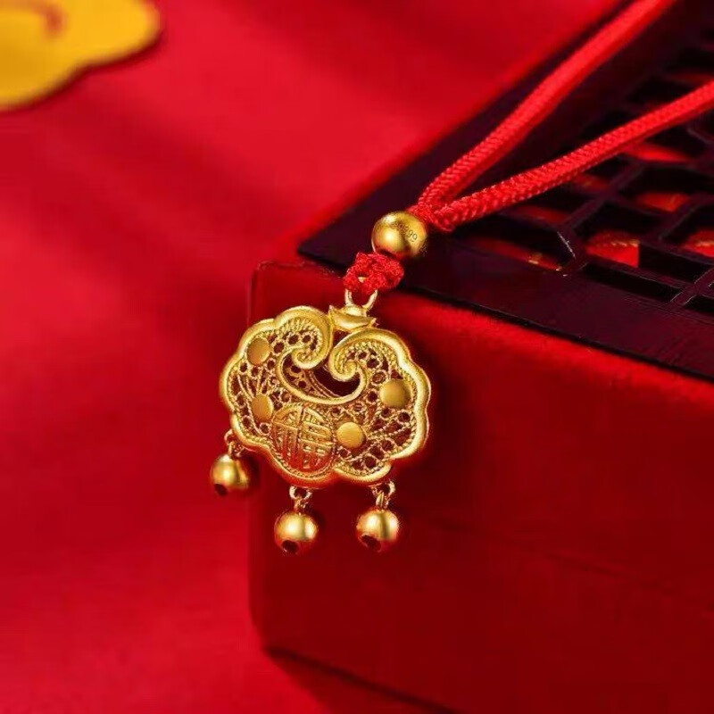 mox老凤凰黄金平安锁999足金长命锁双面福铃铛吊坠项链送女宝宝礼物