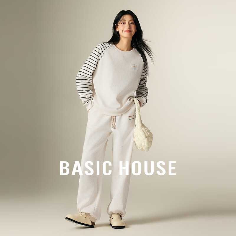 Basic House/百家好秋季套装条纹插肩袖卫衣休闲卫裤两件套2025女 米白色 M （105-120斤）
