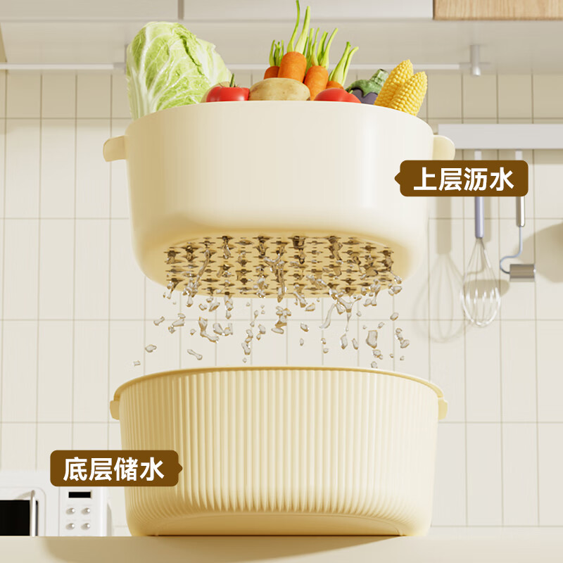 双层洗菜沥水篮厨房洗菜盆家用塑料镂空篮子易清洗方便收纳省空间 淡粉色-撞色【超大】双层沥水篮 双层沥水盆【pp材质】