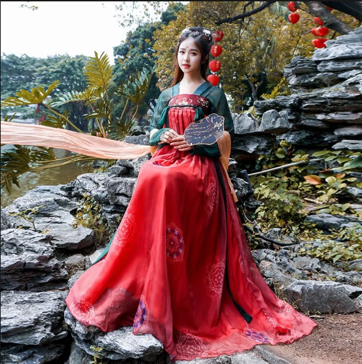 lwgrm古装汉服女风齐胸襦裙超仙樱花素学生夏装日常古风仙女裙 酒红色