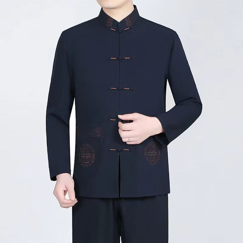 夏季新款中年男长袖唐装中年爸爸套装中国风长袖宽松 福星高照藏青色