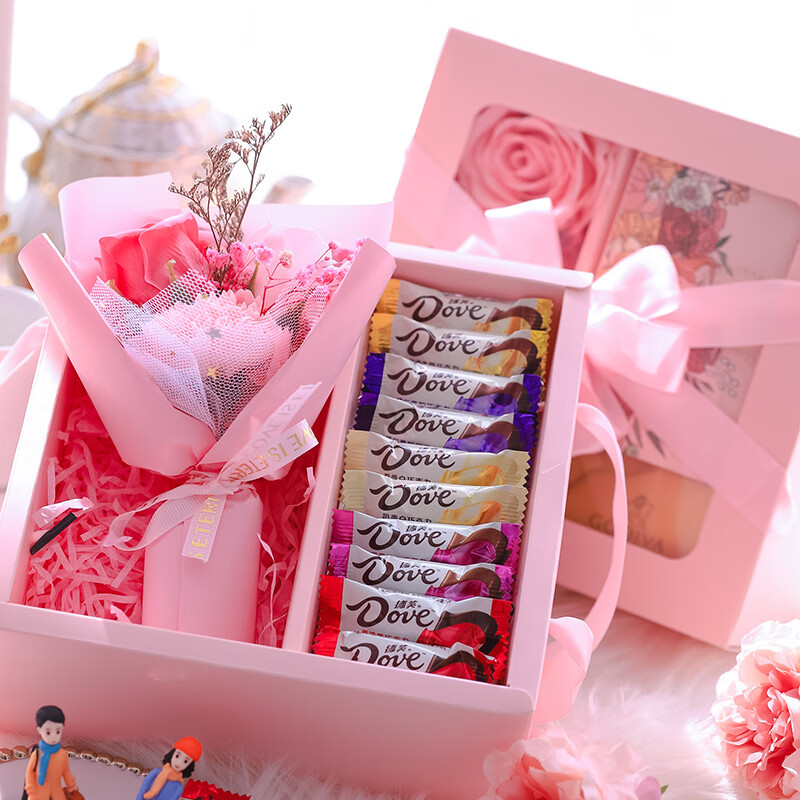 如图 盒装 0g 粉盒玫瑰粉色花束