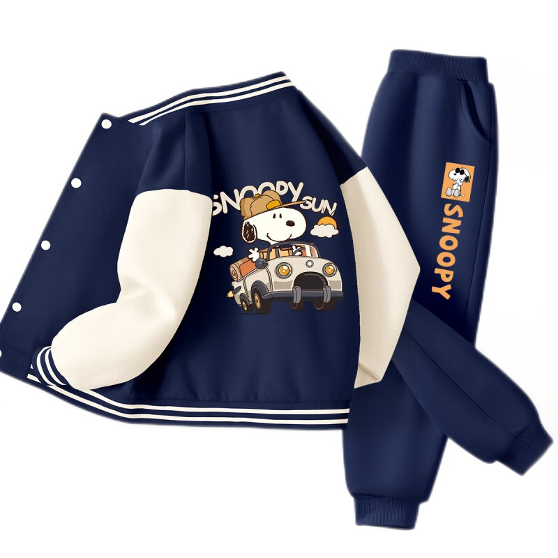 SNOOPY男童套裝2025春秋新款男孩棒球服秋裝兒童外套中大童休閑衣服 汽車努比背藏青+安靜努比K藏青 130