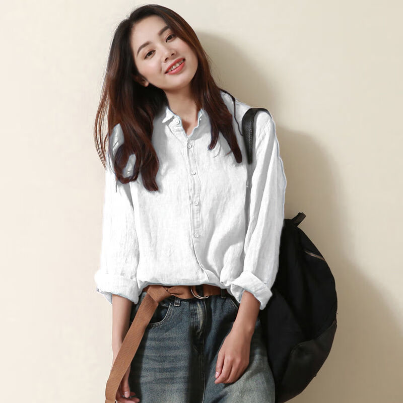 区森夏天麻料女装亚麻上衣衫衣女棉麻纯棉文艺棉麻衬衣女装新款上衣设