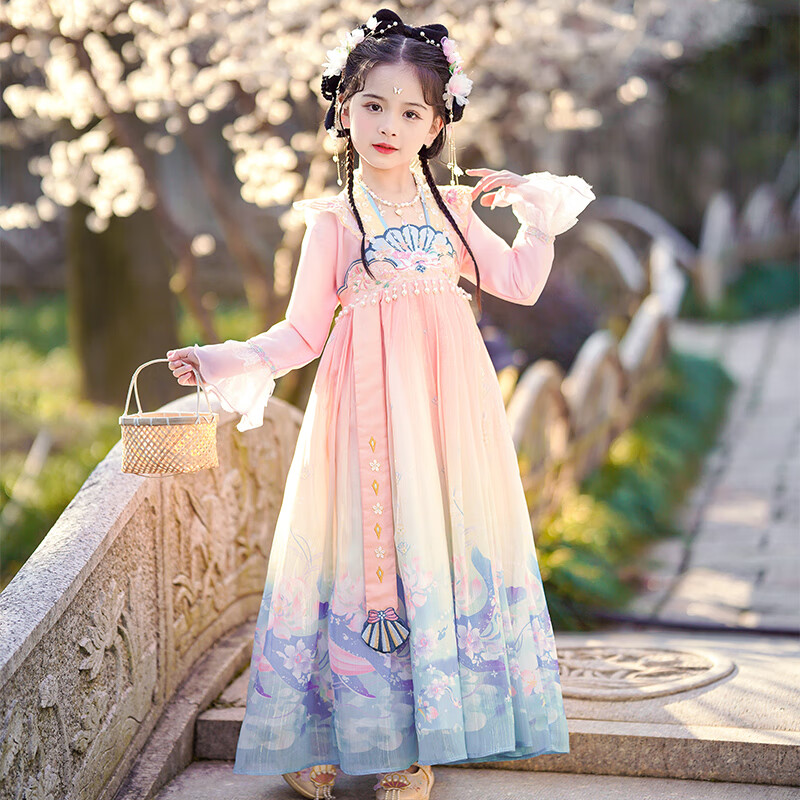 安妮优儿汉服女童秋款2023新款古风连衣裙小女孩唐装儿童超仙古装裙子夏季 粉红色 160高性价比高么？