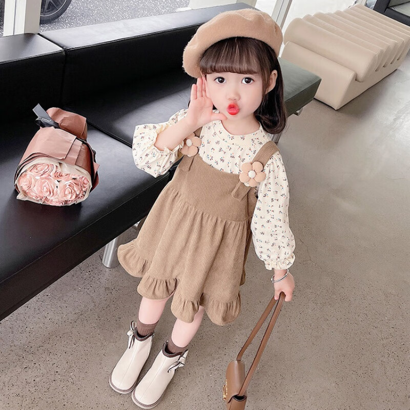 俏姣吖女小童春秋季2023新款洋气时尚女孩网红甜美可爱花朵背带裙两件